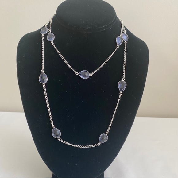 Purple Teardrop Crystal Cabochon Silver Plated Chain Necklace Length 36" - Picture 1 of 5